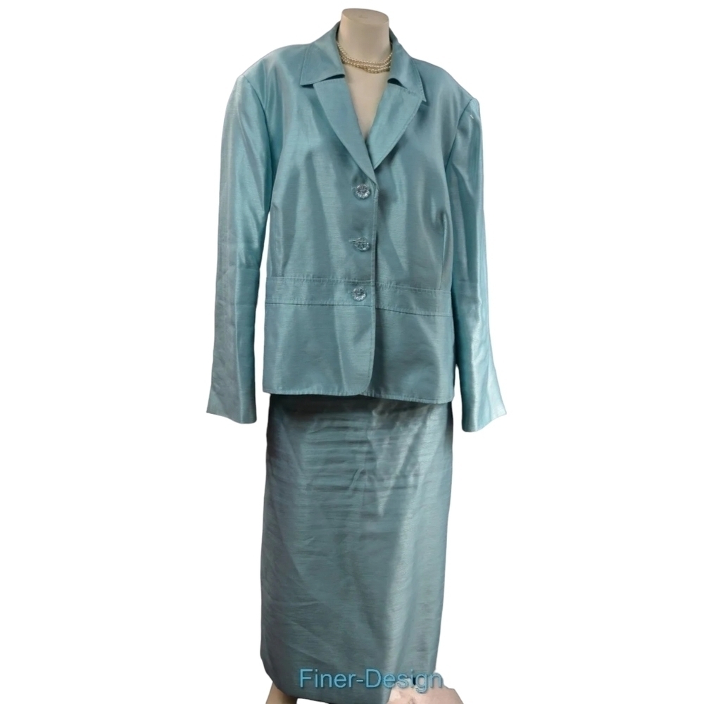 Womens 2 Piece Teal Rayon Blend Suit Blazer Size:  28W Skirt Size: 26W